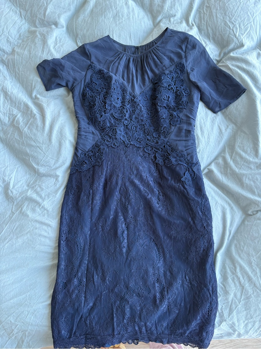 Navy Lace Sheath Dress with Short Sleeves
